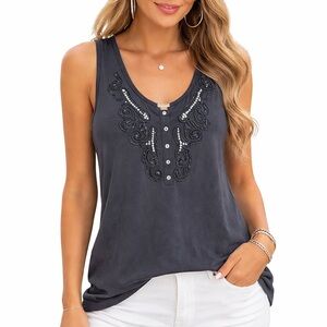 Cold Water Creek Embroidered Tank Women’s L 14/16 Gray w Sequins & Buttons Chic